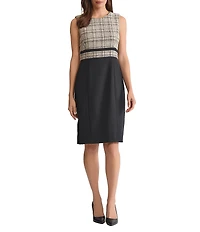 Kasper Plaid Stretch Crepe Crew Neckline Sleeveless Sheath Dress