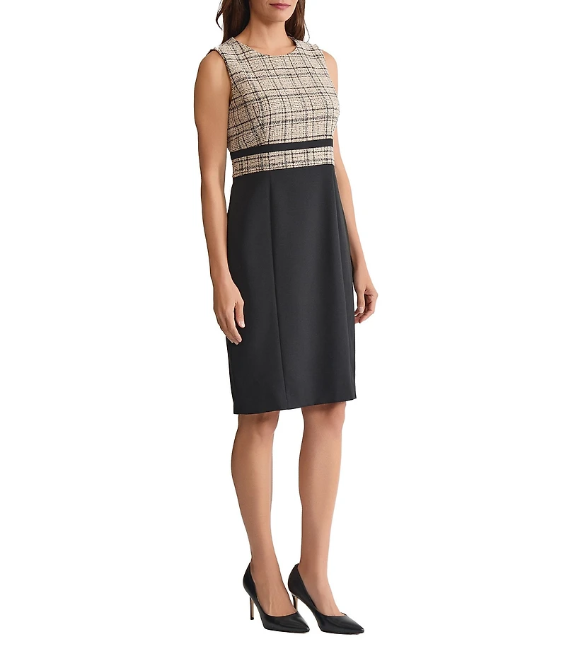 Kasper Plaid Stretch Crepe Crew Neckline Sleeveless Sheath Dress