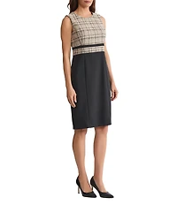 Kasper Plaid Stretch Crepe Crew Neckline Sleeveless Sheath Dress