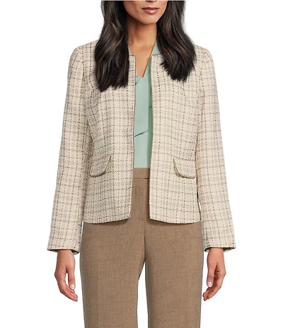 Kasper Plaid Tweed Long Sleeve Cardigan Jacket