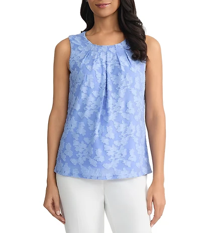 Kasper Pleated Crew Neck Floral Burnout Knit Blouse