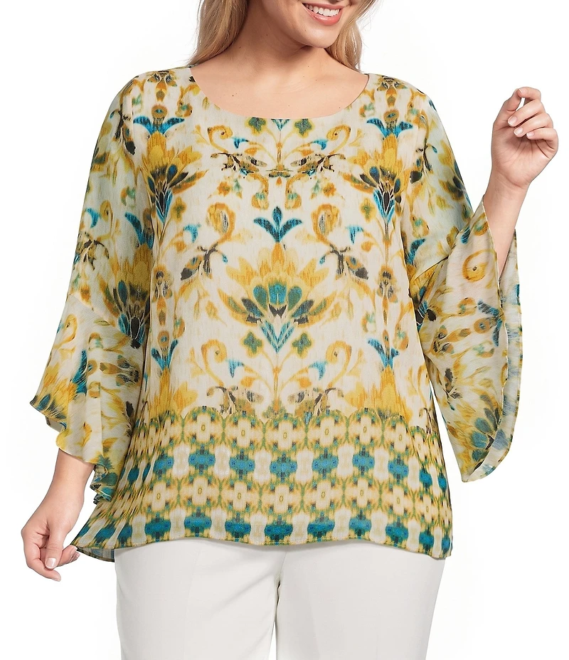 Kasper Plus Ruffle Sleeve Printed Blouse