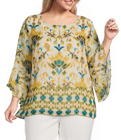 Kasper Plus Ruffle Sleeve Printed Blouse