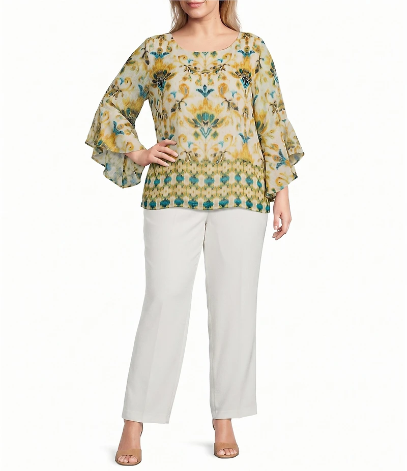 Kasper Plus Ruffle Sleeve Printed Blouse