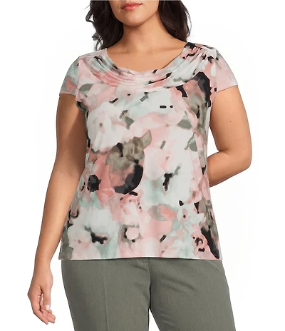 Kasper Plus Cap Sleeve Cowl Neck Printed Blouse