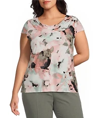 Kasper Plus Cap Sleeve Cowl Neck Printed Blouse