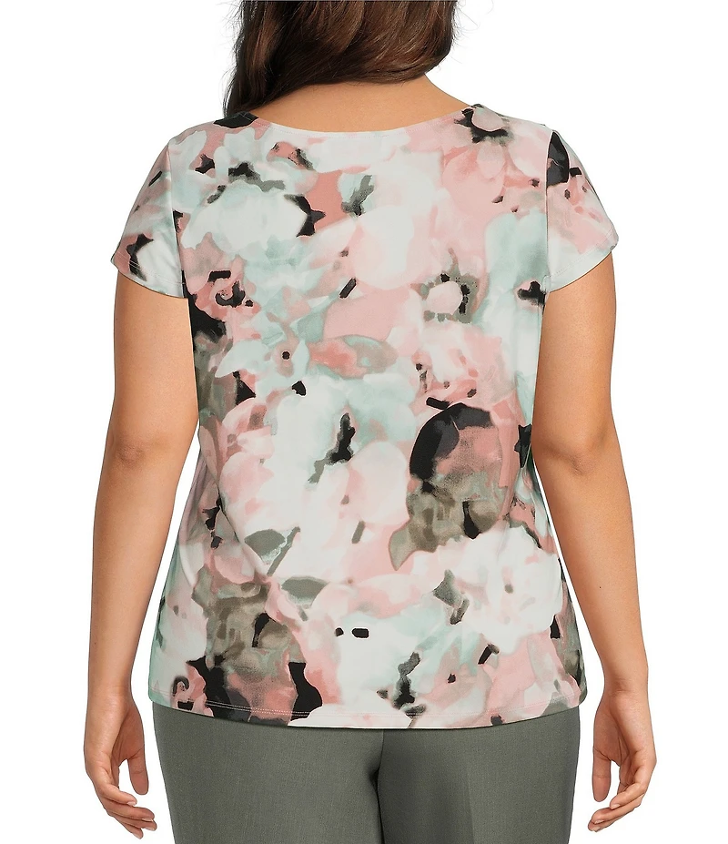 Kasper Plus Cap Sleeve Cowl Neck Printed Blouse