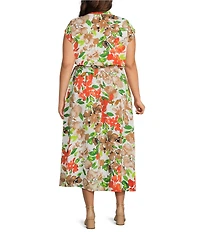 Kasper Plus Cap Sleeve Floral Printed Flutter Cap Sleeve Midi Dress