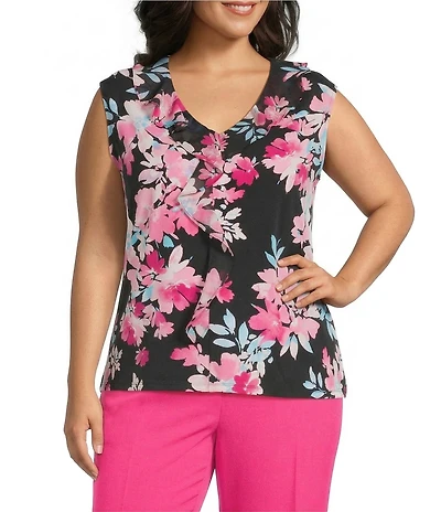 Kasper Plus Cap Sleeve Printed Jersey Knit Ruffle Blouse