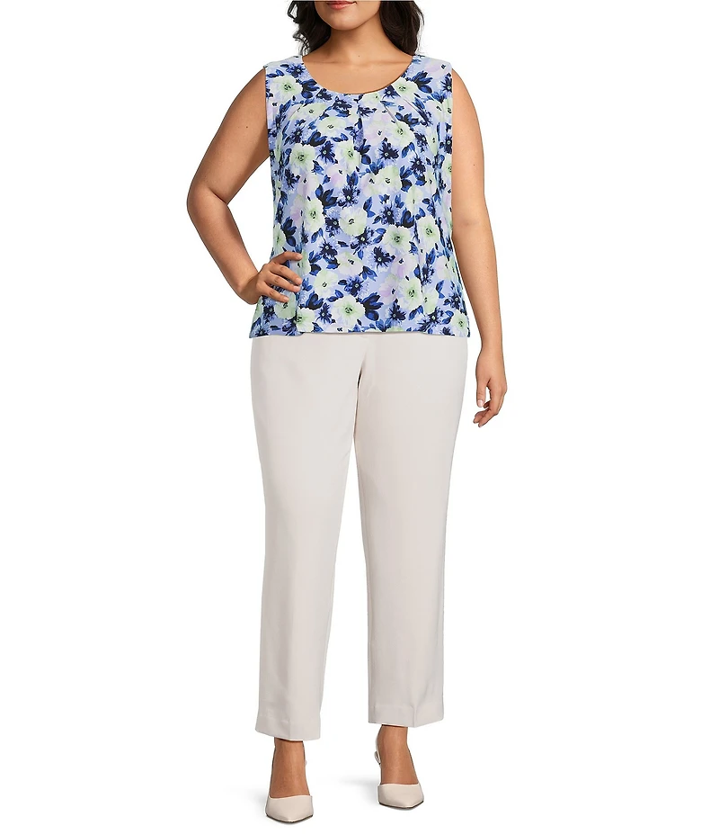 Kasper Plus Floral Print Sleeveless Jersey Knit Crew Neck Blouse