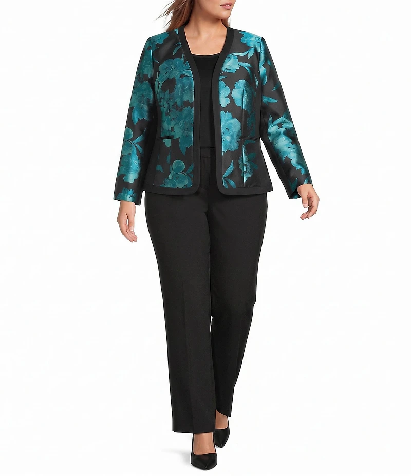 Kasper Plus Long Sleeve Floral Jacquard Open Front Jacket