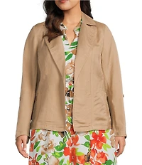 Kasper Plus Open Front Linen Jacket With Zipper Pockets