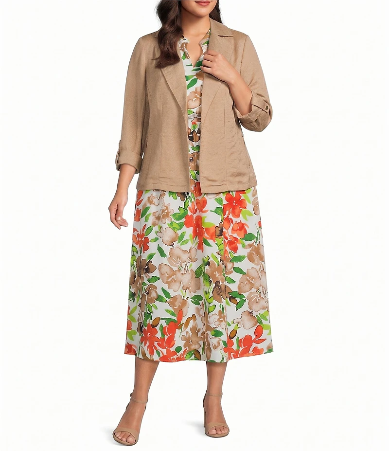 Kasper Plus Open Front Linen Jacket With Zipper Pockets