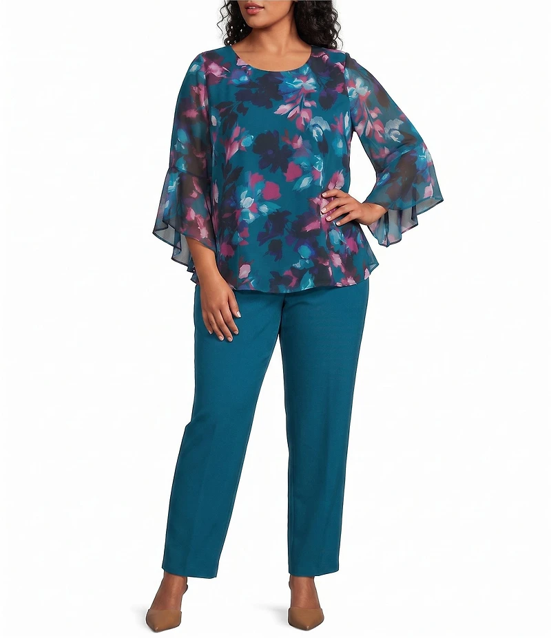 Kasper Plus Ruffle Sleeve Printed Chiffon Blouse