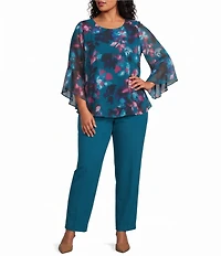 Kasper Plus Ruffle Sleeve Printed Chiffon Blouse