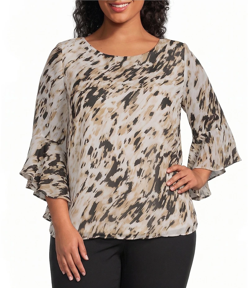 Kasper Plus Size Animal Printed Boat Neck 3/4 Ruffle Sleeve Blouse