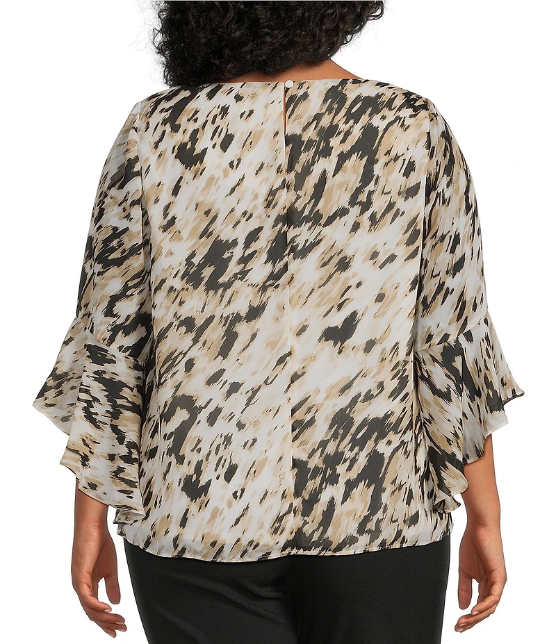 Kasper Plus Size Animal Printed Boat Neck 3/4 Ruffle Sleeve Blouse