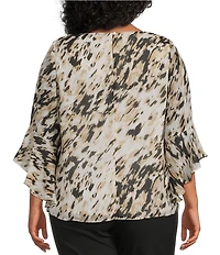 Kasper Plus Size Animal Printed Boat Neck 3/4 Ruffle Sleeve Blouse