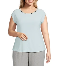 Kasper Plus Size Beaded Round Neck Cap Sleeve Top