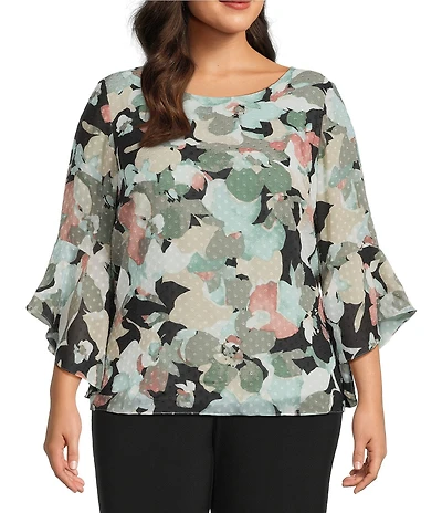 Kasper Plus Size Boat Neck 3/4 Ruffle Sleeve Chiffon Printed Blouse