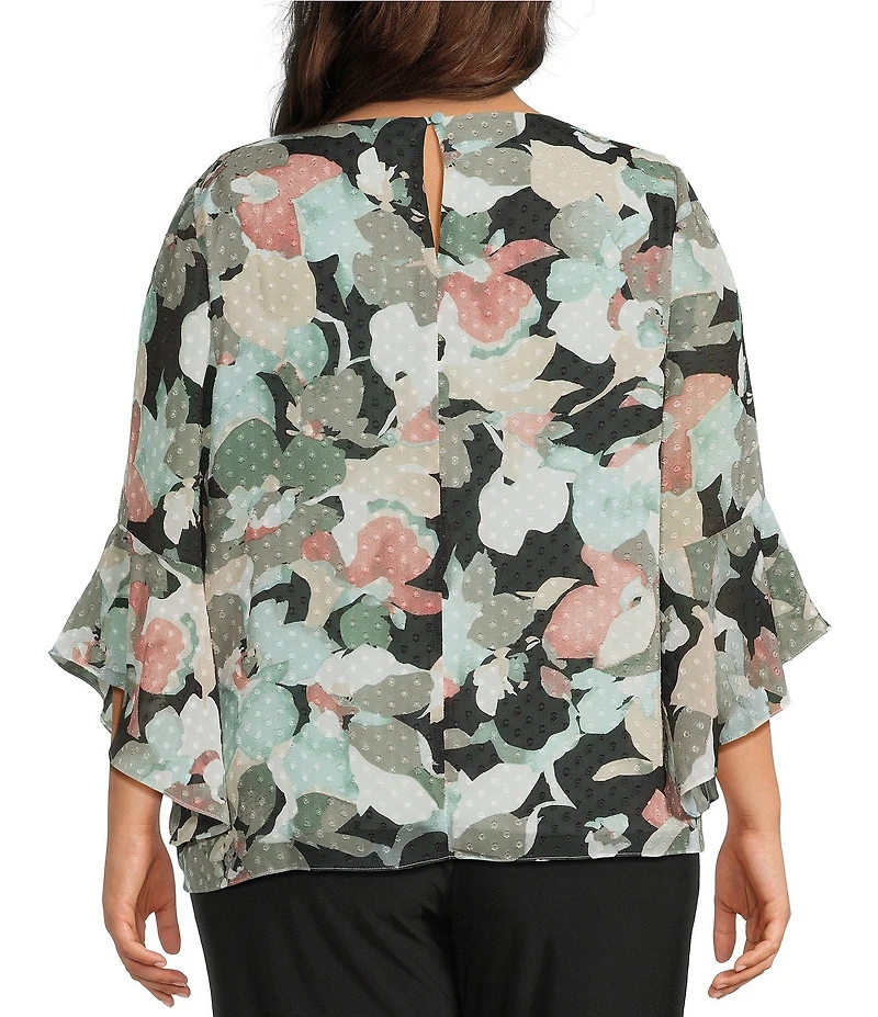 Kasper Plus Size Boat Neck 3/4 Ruffle Sleeve Chiffon Printed Blouse