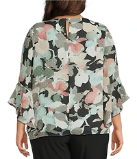 Kasper Plus Size Boat Neck 3/4 Ruffle Sleeve Chiffon Printed Blouse