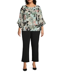 Kasper Plus Size Boat Neck 3/4 Ruffle Sleeve Chiffon Printed Blouse