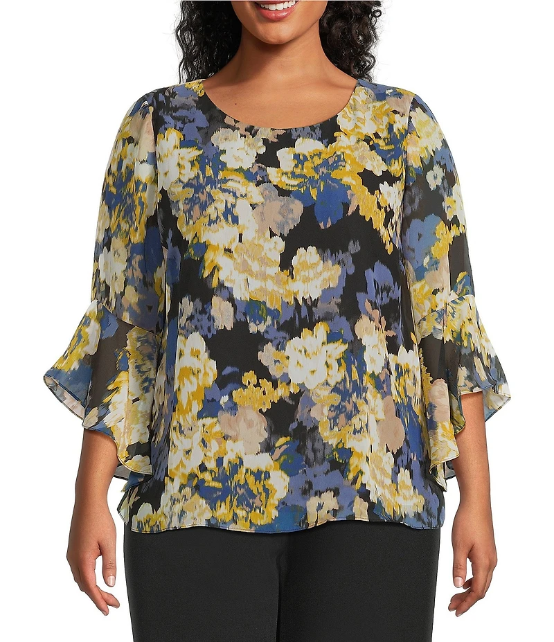 Kasper Plus Size Boat Neck Ruffle Sleeve Abstract Floral Printed Chiffon Blouse