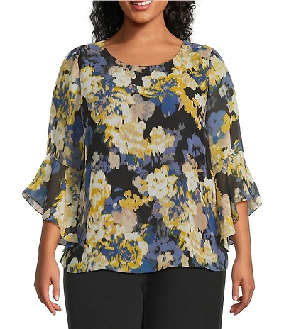 Kasper Plus Size Boat Neck Ruffle Sleeve Abstract Floral Printed Chiffon Blouse