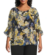 Kasper Plus Size Boat Neck Ruffle Sleeve Abstract Floral Printed Chiffon Blouse