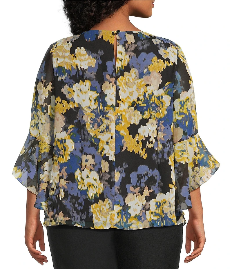 Kasper Plus Size Boat Neck Ruffle Sleeve Abstract Floral Printed Chiffon Blouse