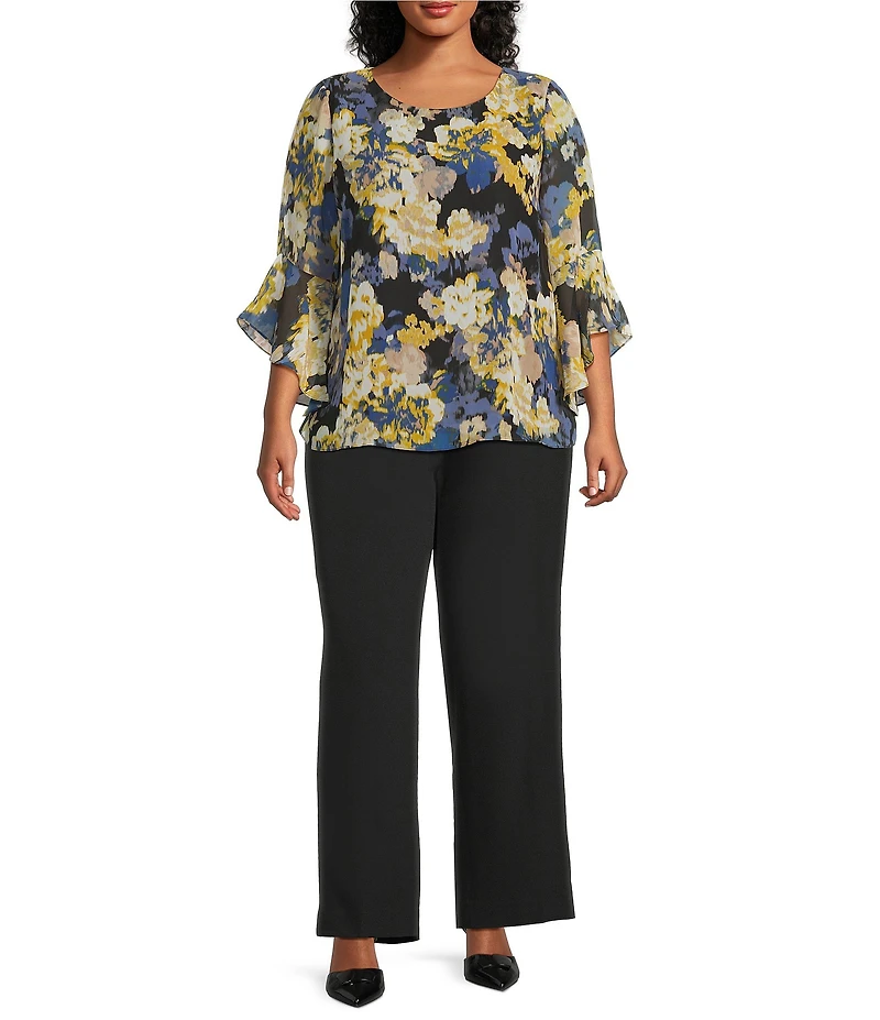 Kasper Plus Size Boat Neck Ruffle Sleeve Abstract Floral Printed Chiffon Blouse