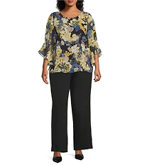 Kasper Plus Size Boat Neck Ruffle Sleeve Abstract Floral Printed Chiffon Blouse