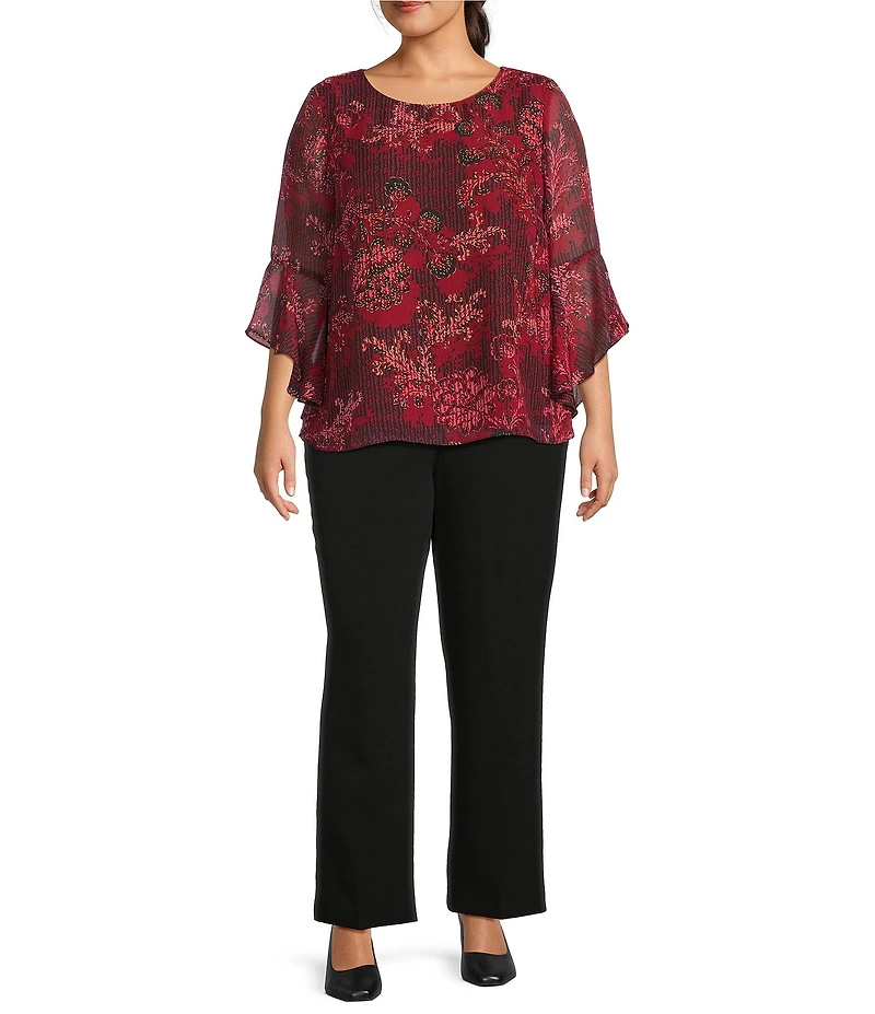 Kasper Plus Size Chiffon Floral Print Boat Neck Long Ruffle Sleeve Blouse