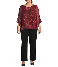 Kasper Plus Size Chiffon Floral Print Boat Neck Long Ruffle Sleeve Blouse