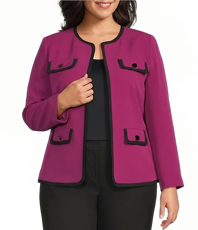 Kasper Plus Size Contrast Trim Open Front Blazer
