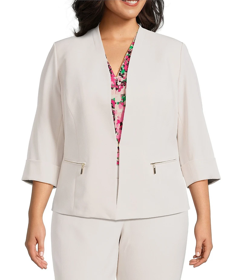 Kasper Plus Size Crepe 3/4 Sleeve Zip Pocket Cardigan