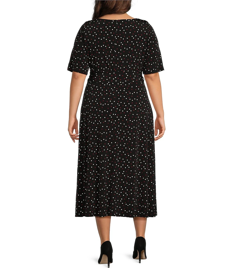 Kasper Plus Size Dotted Crew Neck Short Sleeve Tie-Waist Midi Dress