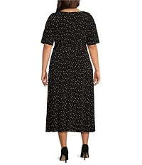 Kasper Plus Size Dotted Crew Neck Short Sleeve Tie-Waist Midi Dress