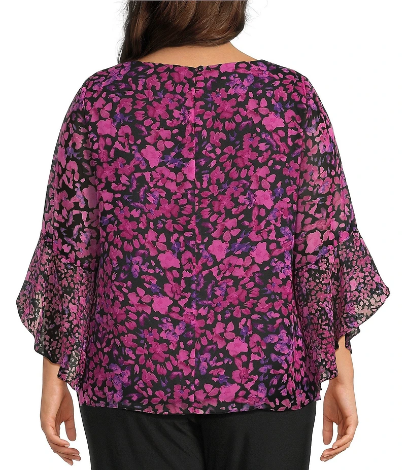 Kasper Plus Size Floral Chiffon Boat Neck 3/4 Ruffle Sleeve Blouse
