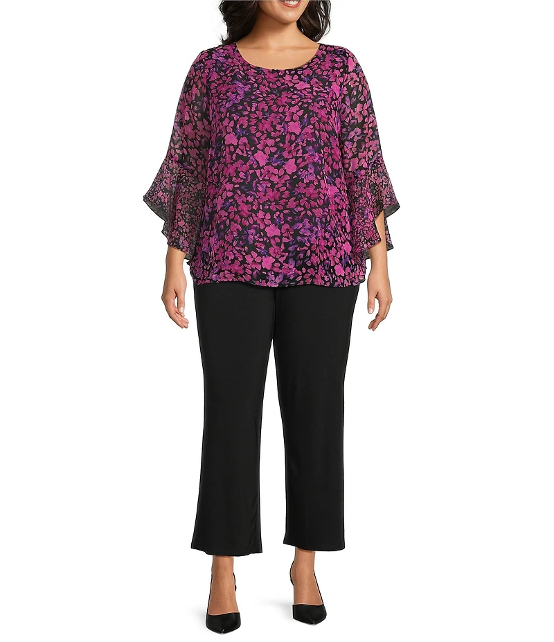 Kasper Plus Size Floral Chiffon Boat Neck 3/4 Ruffle Sleeve Blouse