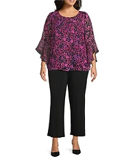 Kasper Plus Size Floral Chiffon Boat Neck 3/4 Ruffle Sleeve Blouse