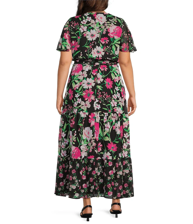 Kasper Plus Size Floral Chiffon Flutter Sleeve Tiered Dress