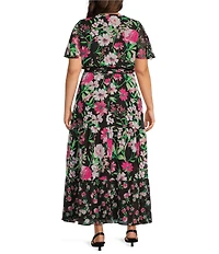 Kasper Plus Size Floral Chiffon Flutter Sleeve Tiered Dress