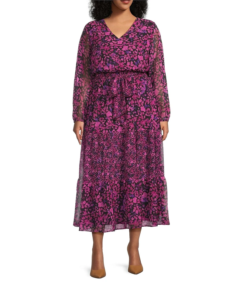 Kasper Plus Size Floral Chiffon V-Neck Long Sleeve Belted Tiered Ruffle A-Line Dress