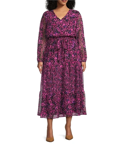 Kasper Plus Size Floral Chiffon V-Neck Long Sleeve Belted Tiered Ruffle A-Line Dress