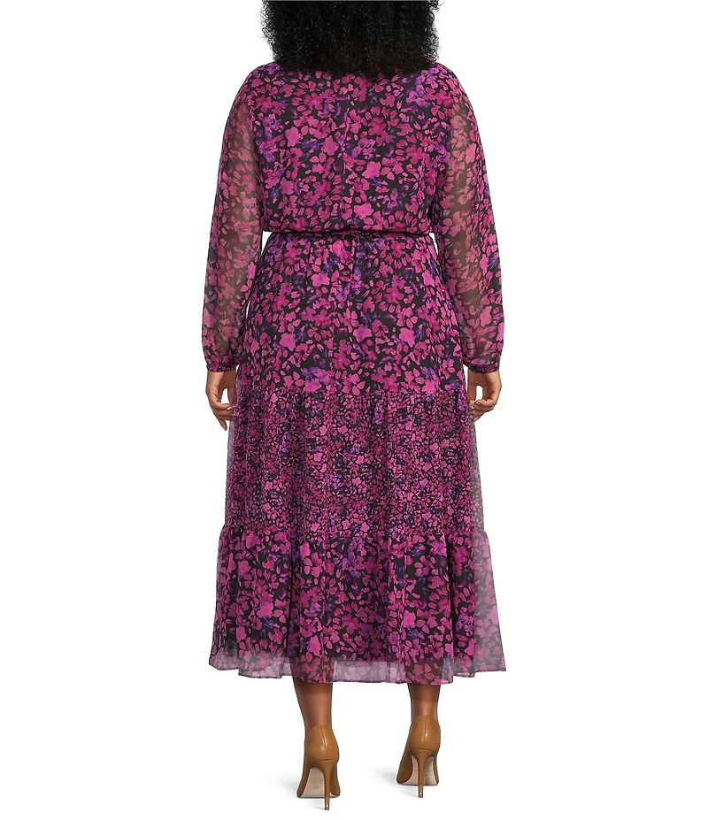 Kasper Plus Size Floral Chiffon V-Neck Long Sleeve Belted Tiered Ruffle A-Line Dress