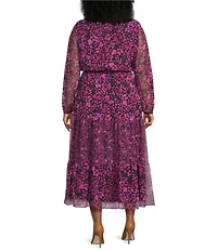Kasper Plus Size Floral Chiffon V-Neck Long Sleeve Belted Tiered Ruffle A-Line Dress