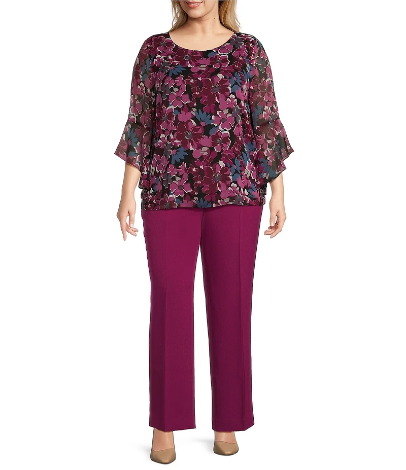 Kasper Plus Size Floral Crew Neck 3/4 Ruffle Sleeve Blouse