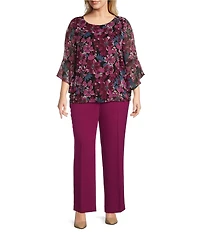 Kasper Plus Size Floral Crew Neck 3/4 Ruffle Sleeve Blouse